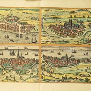 Helsingborg, Lund, Malmo, Elbogen and Landskrona from Civitates Orbis Terrarum by Georg Braun, 1541-1622 and Franz Hogenberg, 1540-1590, engraving