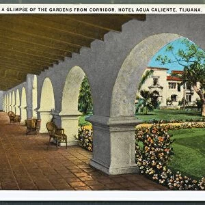 Hotel Agua Caliente. ca. 1929, Tijuana, Mexico, A GLIMPSE OF THE GARDENS FROM CORRIDOR, HOTEL AGUA CALIENTE, TIJUANA, MEXICO