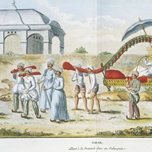 India, Nabob (governor in India under Mogul Empire) being carried on palanquin (covered litter) by Pierre Sonnerat from Journey, engraving, 1774