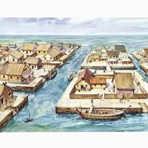 Italy, Emilia-Romagna Region, reconstruction of Etruscan port city of Spina, illustration