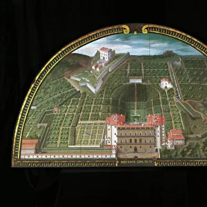 Italy, Florence, lunette featuring Pitti Palace, from series of fourteen lunettes representing the Medici Villas by Giusto Utens (1599-1602)