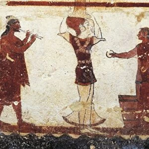 Italy, Latium region, Tarquinia (Viterbo province), Etruscan necropolis, Tomb of the Jugglers, an acrobat, a girl juggler balancing a candelabrum on her head and a flute player, fresco