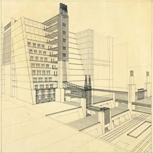 Italy, The New City (La Citta Nuova), buildings and steps with four street levels by Antonio Sant Elia (1888-1916), black ink on paper, 1914