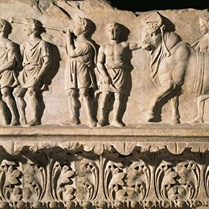 Italy, Rome, Temple of Apollo Sosianus, frieze of triumphal cortege for victory upon Judaeans in 34 B. C