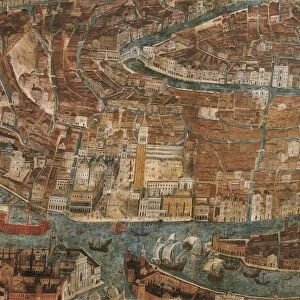 Italy, Venice, detail with St. Marks Square, birds eye view, 16th century