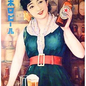 Japan: Advertising poster for Sapporo Beer featuring a young woman, c. 1910