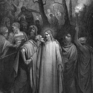Judas betraying Christ with a kiss. Matthew 26. 9. Illustration by Gustave Dore (1832-1883)