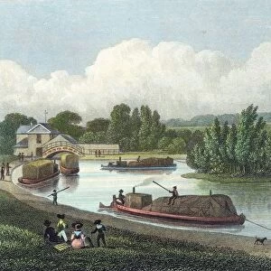 Junction of Regents Canal at Paddington Basin, London. Hand-coloured engraving