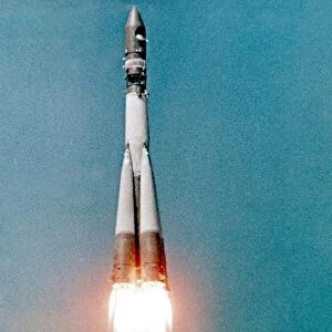 Launch of vostok 1 rocket carrying yuri gagarin, soon to be the first man in space, in 1961, this is a still from a soviet film about the space program