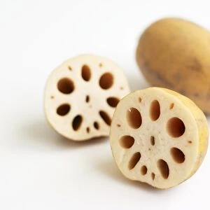 Lotus root, whole and two halves