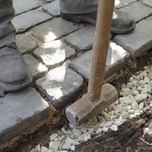 Man tamping hardcore laid along newly laid brick path, close-up