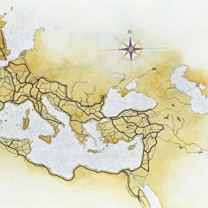 Map of Ancient Roman roads in the Mediterranean area, drawing