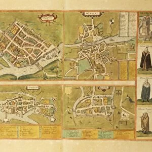 Map of Galway, Dublin, Limerick and Cork from Civitates Orbis Terrarum by Georg Braun, 1541-1622 and Franz Hogenberg, 1540-1590, engraving