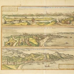 Maps of Seville, Cadiz and Malaga, Spain, from Civitates Orbis Terrarum by Georg Braun, 1541-1622 and Franz Hogenberg, 1540-1590, engraving