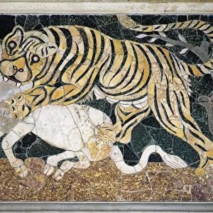 Marble and pietre dure Opus sectile panel depicting tiger attacking calf, from Basilica of Junius Bassus