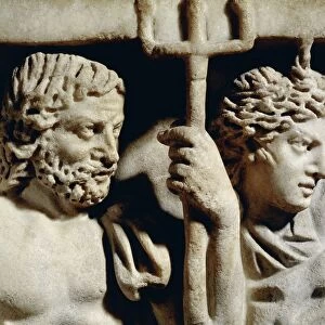 Marble sarcophagus, Relief depicting Prometheus myth, Detail, faces of Neptune and Amphitrite, From Arles