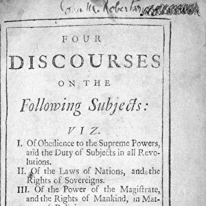 Matthew Tindal ((1657-1733) English Christian Deist. Title page of his Four Discourses