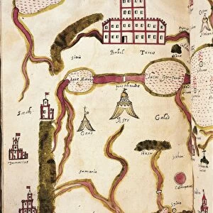 Mediterranean Coast with cities of Damascus, Antioch and Sidon, drawing from the Book of the mapets, 1593