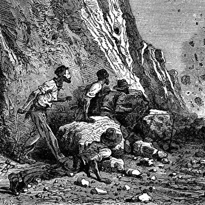 Miners using dynamite for blasting. Wood engraving, Paris, 1879