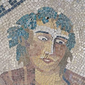 Morocco, North of Meknes, Volubilis, House of Cavalier, mosaic, Dionysus finds sleeping Ariadne, detail of Dionysus head with an ivy crown, Roman Empire from 1st century ad