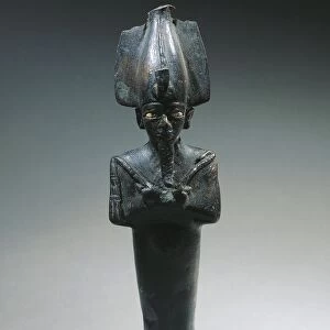 Mummiform figure of Osiris with arms crossed wearing Atef crown, bronze statue