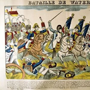Napoleon at the Battle of Waterloo, 18 June 1815. Popular French hand-coloured woodcut