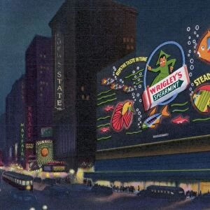 Neon Sign Advertising Wrigleys Chewing Gum. ca. 1936, Times Square, Manhattan, New York, New York, USA, WRIGLEY SIGN, TIMES SQUARE, NEW YORK. The Wrigleys Spearmint Gum electric spectacular sign, largest of its kind in the world, extends a full block from 44th to 45th Street on the east side of Broadway, towers ten stories high, and represents a million dollar investment. The electrical current required for this colossal animated display would serve a city of ten thousand. It contains 1, 084 feet of neon tubing, almost 70 miles of insulated wire and 29, 508 lamp receptacles