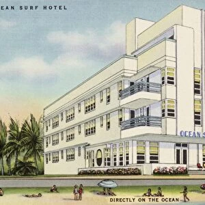 Ocean Surf Hotel. ca. 1940, Miami, Florida, USA, OCEAN SURF HOTEL. MIAMI BEACH, FLORIDA. DIRECTLY ON THE OCEAN AT 75th STREET. MIAMI BEACH, FLORIDA. New-Modern-Superb Location-Luxuriously furnished-Every room with private bath and shower-Spacious Lobby-Card Room-Roof Solarium-Surf bathing-Coffee Shop-Open Year Round