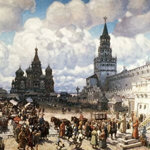 An oil painting of red square in moscow in the 17th century by viktor vasnetsov