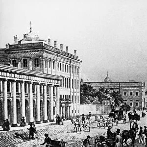 An old gravure of nevsky prospect in st, petersburg, russia, 1880s