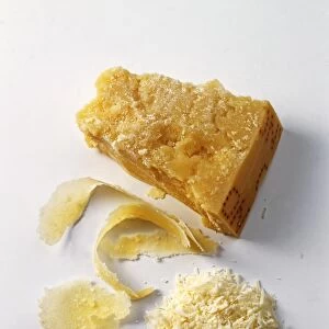 Parmesan cheese, including block, shavings and grated, close-up