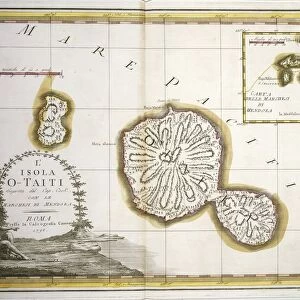 Polynesia, Tahiti Island and the Marquesas Islands, engraving based on maps drawn by James Cook