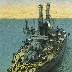 Postcard of the Battleship U. S. S. Texas. The U. S. Battleship Texas is 565 feet long, 95 feet 2 1 / 2 inches wide with a draft of 28 ft. 6 inches. The Armament consists of ten fourteen inch, 21 five inch, an 4 smaller guns under four inches. Complement consists of 63 officers, and 1, 009 men, speed is 21. 00 knots displacments, 27, 000 tons, engines are 28, 100 horsepower