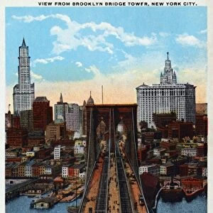 Postcard of Brooklyn Bridge from Tower. ca. 1914, VIEW FROM BROOKLYN BRIDGE TOWER, NEW YORK CITY. Lower Manhattan showing a group of the tallest buildings in the world including the New Woolworth Building, the Municipal Building and the Singer Building. The Brooklyn Bridge Tower, from which this view was taken is 400 feet above the water line