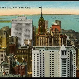 Postcard of Lower Manhattan and Bay. ca. 1919, Lower New York and Bay, New York City. LOWER MANHATTAN AND BAY FROM WOOLWORTH BUILDING, NEW YORK CITY. In this comparatively small and congested district are located the largest and most noted office Buildings in the world. New York Bay is the southern boundary, and the Hudson and East Rivers form the eastern and western boundaries