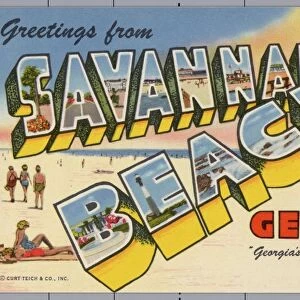 Postcard of Savannah Beach, Georgia. ca. 1951, Savannah Beach on Tybee Island is located 18 miles east of Savannah, Ga. It is a popular coastal playground and summer resort on the Atlantic Ocean, where swimming, fishing, boating and a number of other outdoor sports are enjoyed