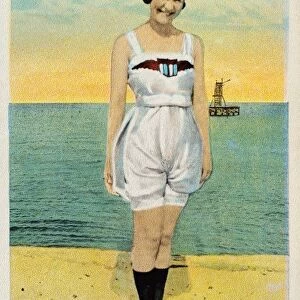 Postcard of Smiling Woman on Beach in Florida. ca. 1924, A Sunny Smile from Florida