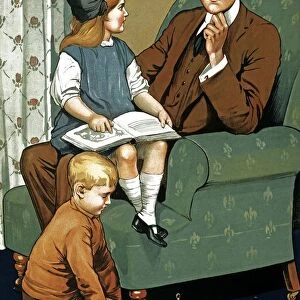 Poster showing a father with his children after the war. the children are saying