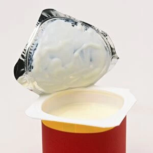 Pot of yogurt with foil lid pulled back to show lemon coloured yogurt, angled side view