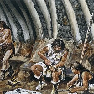 Prehistoric people in cave, illustration