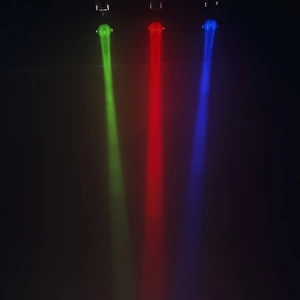 Rays of different coloured lights merging together on a black background