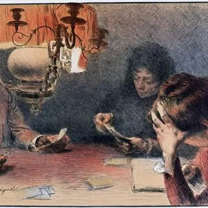 Reading at a table by the light of a hanging oil lamp, 1899. Domestic