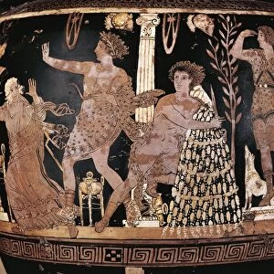 Red-figure pottery, Krater portraying Eumenides of Aeschyluss tragedy, Apollo defends Oreste from Fury