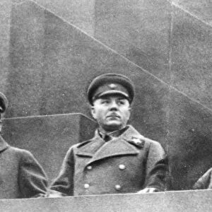 Red square, moscow, ussr, may day 1937, left to right: josef stalin, k, voroshilov, nikolay yezhov (head of nkvd), l, m, kagonovich on reviewing stand on top of lenins tomb