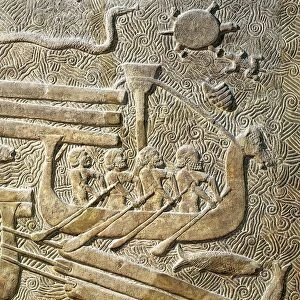 Detail of relief depicting transportation of cedar wood by boats, from Palace of Sargon, Dur Sharrukin, Iraq