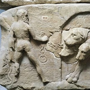 Relief from mausoleum depicting Hercules chaining Cerberus