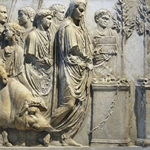 Relief with scene of double sacrifice, from Rome, Detail of priest officiating purification rite (lustrum) before sacrificing a pig