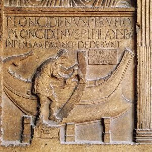 Roman civilization. Stele of Publius Londigiano (carpenter on ship). Detail depicting building of ship