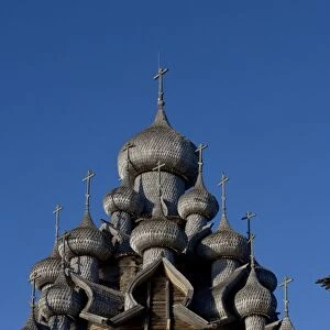 Russia, Karelia, Kizhi Pogost, Lake Onega, wooden domes of church of Transfiguration