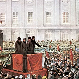 Russian Revolution (1917). Rally by Lenin and Leon Trotsky in St. Petersburg